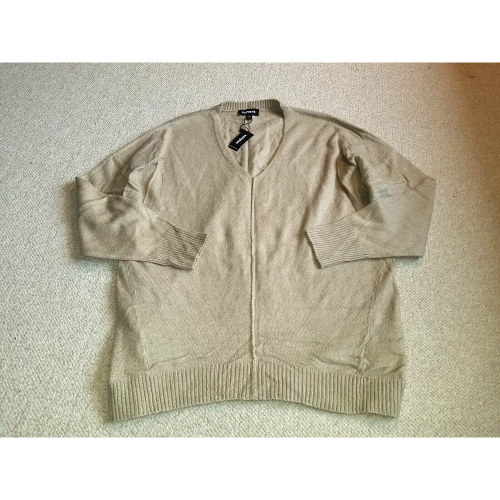 NWT Womens Sweater-EXPRESS-lt brown cotton/wool V-neck tunic soft oversized-M
